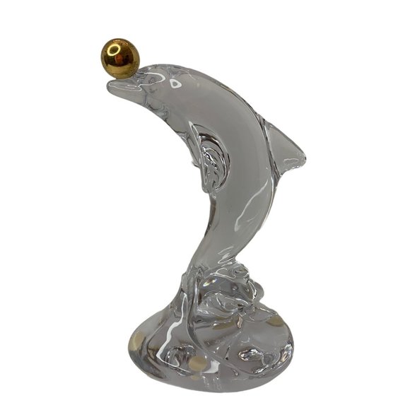 Vintage Sevres France Crystal Dolphin Sculpture Gold Ball Tip Nose Waves - Picture 1 of 8